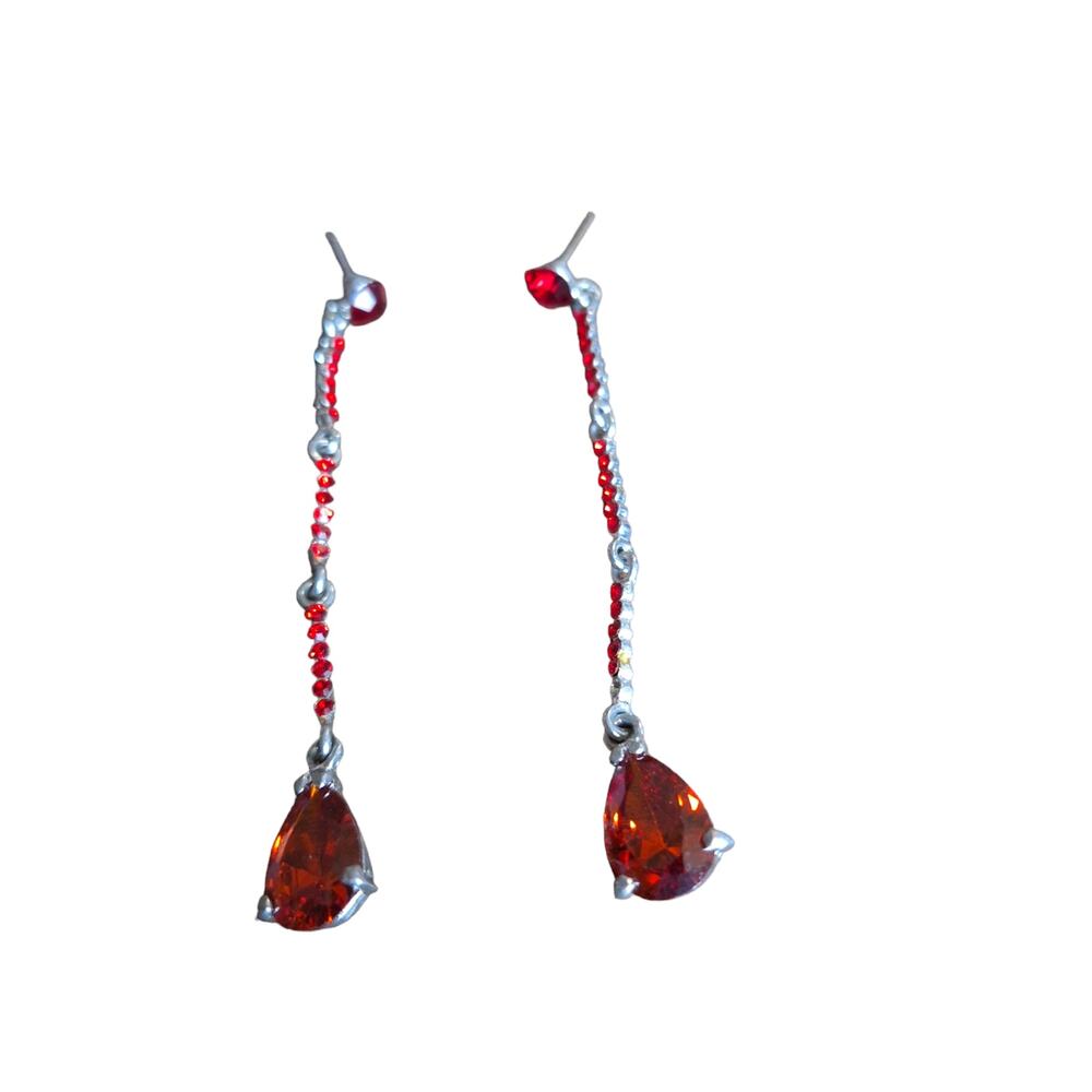 Long Red and Clear Rhinestone Earrings Silver Tone Posts